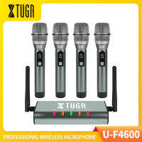 XTUGA ระบบยูเฮชเอฟไมโครโฟนไร้สาย4ช่องสัญญาณ UF4600ไมโครโฟนไร้สายพร้อมไมโครโฟนมือถือ4ตัวและตัวรับสัญญาณขนาดเล็กสร้างโลหะ164ft ทางไกลสำหรับคริสตจักรปาร์ตี้งานกลางแจ้ง