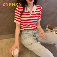 ZNPNXN ฤดูร้อนผู้หญิงถักลายแขนสั้นเสื้อยืดวินเทจ Turn-Down COLLAR T SHIRT