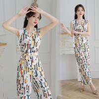 Y Fashion Women Elegant Korean Geometric Print V-Neck Sleeveless Tunic High Waist Wide Leg Jumpsuit