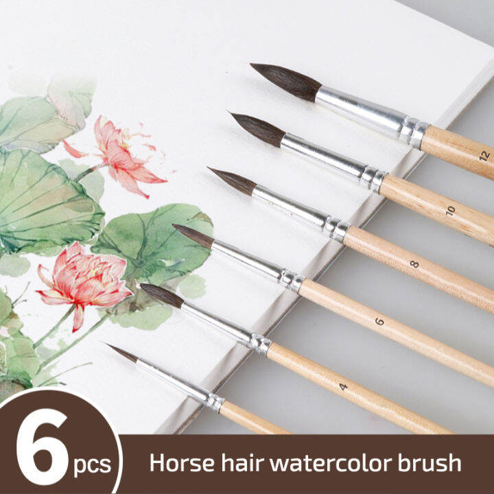 6pcs/Set Round head Watercolor painting brush horse hair wood