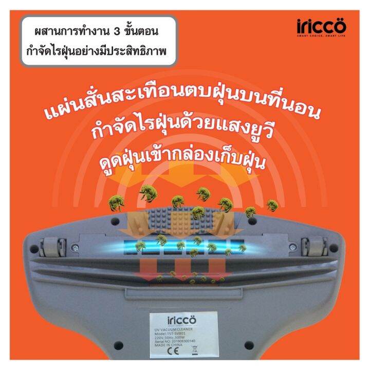 มีประกัน-iricco-ไอริคโค่-เครื่องดูดฝุ่น-ดูดกำจัดไรฝุ่น-และยับยั้งเชื้อโรค-ด้วยรังสียูวีแรงดูด-5kpa-รุ่น-tst-sv801