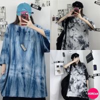 ?Korean Fashion?เสื้อยืดผ้าคอตตอน ทรงโอเวอร์ไซส์ ลายมัดย้อม ทูโทน 2 สี แฟชั่น