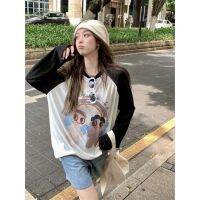 Casual cartoon printed pullover long sleeve T-shirt color matching loose jacket SheSaid V729