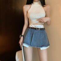 [ส่งของ]Yuexun, shipping immediay, sexy girl, denim skirt. Show off your long legs. An unusual fake two-piece skirt. Pleated skirt. Sweet and cute girl.