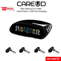 CAREUD T802C-TJ รถไร้สาย TPMS จอแสดงผล LCD ระบบตรวจสอบความดันลมยางรถยนต์พลังงานแสงอาทิตย์พร้อมเซ็นเซอร์ภายใน 4 ตัว