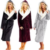 Women Winter Plush Thermal Long Bath Robe Lengthened Shawl Hooded Bathrobe Warm Kimono Dressing Gown Flannel Bath Robe Sleepwear