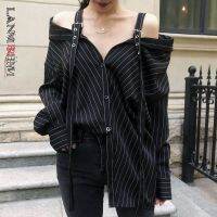 ☼☄ LANMREM 2023 New Fashion Personality Black Strap Vertical Stripe Off shoulder Long Sleeve Shirt Female 39;s Blouse Vestido YE22801