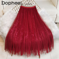 Wine Red Draping Sequin Gauze Skirt Women 2022 Spring Summer Mid-Length Sequined Seaside Holiday Wedding Skirt Pleated Skirts