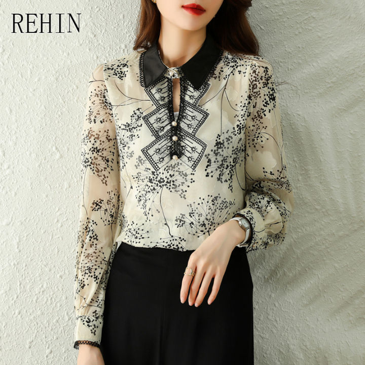 เสื้อสตรี-rehin-ใหม่เกาหลีพิมพ์เสื้อแขนยาว-jacquard-ดอกไม้พิมพ์เสื้อชีฟอง