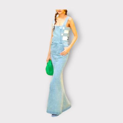 P010-285 PIMNADACLOSET -   Womens Casual Denim Overall Dress Pockets Buttons Midle Slit Pinafore Dressest And Tee Shirt Set