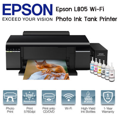 Epson L805 เครื่องพิมพ์อิงค์เจ็ท สำหรับ ปริ้นรูปภาพ/แผ่นซีดี พร้อมหมึกแท้ 1 ชุด (หมึกดำ 1 ขวด สีอย่างละ 1 ขวด)&nbsp;