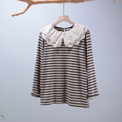Autumn New Embroidered Double-layer Striped T-Shirt Top Women Pullover T Shirt Female Daily Wear