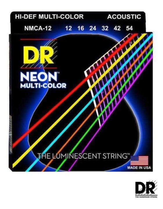 DR Strings สายกีตาร์โปร่ง แบบเรืองแสง เบอร์ 12 สายเคลือบ สีรุ้ง รุ่น NMCA-12 (Medium, 14-54) ** Made in USA **