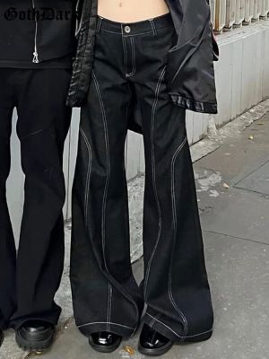 Goth Dark Mall Gothic Harajuku Streetwear กางเกงขาบานแนวพังค์เอวต่ำทรงแบ็กกี้กางเกงยีนส์ Y2k แฟชั่นสีดำ