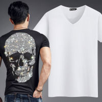 Hip Hop Rhinestone T Shirt Men Skull Print Streetwear Harajuku High Street Short Sleeve Cotton Tshirt Oversize Summer Black Tops