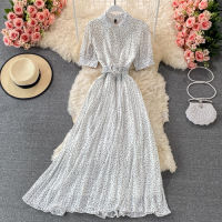 Summer Vintage Polka Dot Pleated Long Dress Women BlueRedPurple Draped Vestidos Casual Female High Waist Big Swing Robe 2021