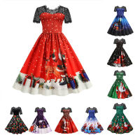 KKWomen S Christmas Dress แขนสั้นลูกไม้ Santa Claus พิมพ์เอวสูง Elegant 1950S Vintage ฤดูหนาว Xmas Party Clothesq11