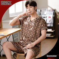 Suikone ชุดนอนขาสั้นผู้ชาย,ผ้าไอซ์ซิลค์เซ็ทชุดนอนฤดูร้อน