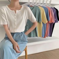 ✟✥ 50102 Summer New Style Round Neck Single-Breasted Knitted Cardigan Short-Sleeved T-Shirt Top