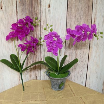 [AYIQ Flower Shop] 2ส้อมประดิษฐ์ Phalaenopsis ดอกไม้สัมผัสจริงน้ำยางผีเสื้อกล้วยไม้ฟลอเรสที่มีใบแต่งงานโฮมออฟฟิศตกแต่ง