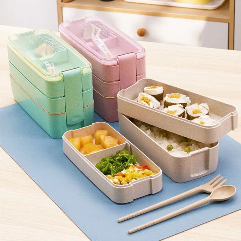 Japanese Style Wheat Straw Bento Box With Compartments, Wheat