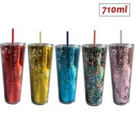 New 710Ml Double Layer Colorful Glitter Plastic Cup With Straw Creative Water Cup Straw Cup Coffee Tumbler Reusable Drinking Mug