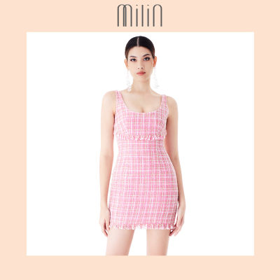[MILIN] Checked tweed scoop neckline fitted mini dress เดรสสั้นผ้าทวีต ลายตาราง คอลึก ทรงเข้ารูป Bora Bora Dress สีชมพู/ สีเขียวมะนาว Pink/ Lime Green