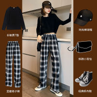 Womens Wide Leg Plaid Pants Autumn Winter Oversize High Waist Baggy Pants All-matching Straight Streetwear Trousers for Girls