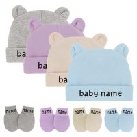 Custom Name Newborn Baby Cotton Beanies Hospital Hat and Mittens Set Solid Candy Color Stretchy Infant Warm Cap Gloves 0-1 Years