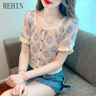 REHIN เสื้อถักโครเชต์แขนสั้นสำหรับผู้หญิง,เสื้อสตรีทรงหลวมดีไซน์ทันสมัยลายดอกทานตะวันฤดูร้อน