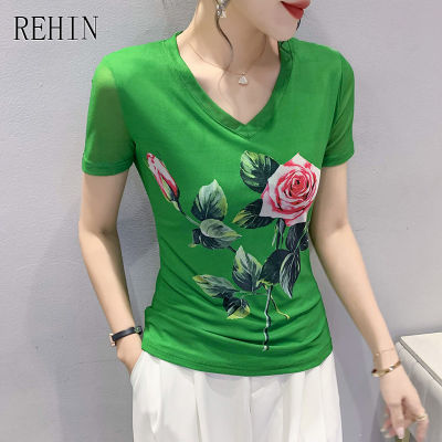 REHIN ผู้หญิงฤดูร้อนใหม่ V คอตาข่ายดอกไม้พิมพ์แฟชั่น Halo สี Blocking เสื้อยืดแขนสั้น Slim บาง Elegant S-3XL เสื้อ