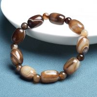 Natural Stone Coffee Lace Agates Bracelet Cylinder Drum Barrel Shape Jades Beads Bracelets On Hand Brown Exquisite Bangles Gift