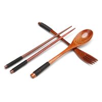 Japanese Portable Wood Chopsticks Fork Spoon Tableware Travel Cutlery Set Household Wood Spoon Chopsticks Fork Dinner Set Flatware Sets