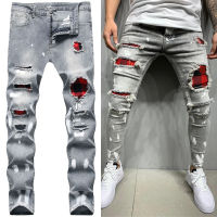 2023 New Stretch jeans for men Slim-Fit Ripped Jeans Mens Painted Jeans Patch Beggar male Pants Jumbo Mans Hip Hop Pants Size S-4XL