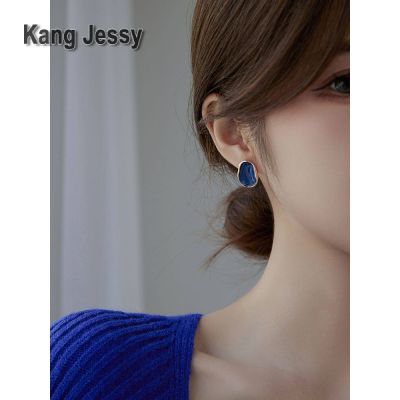 Kang Jessy ต่างหู Klein สีน้ำเงินคุณภาพสูงต่างหูสไตล์วินเทจทรงเรขาคณิตเข็มเงินแท้สำหรับผู้หญิง 2023 ต่างหูอินเทรนด์รุ่นใหม่
