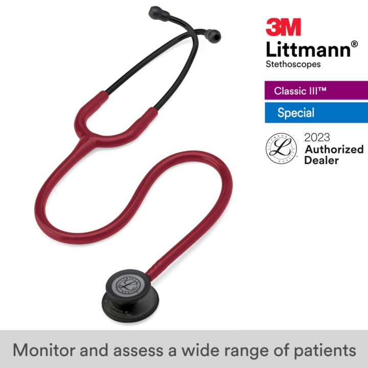 3m-littmann-classic-iii-stethoscope-27-inch-5868-burgundy-tube-black-finish-chestpiece-stainless-stem-amp-eartubes