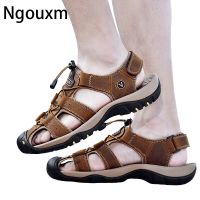 Ngouxm Men Sandals Genuine Leather Summer Athletic Outdoor Trekking Hiking Slippers Beach Fisherman Shoes Big Size 38-48