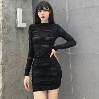Harajuku Black Dress Gothic Sexy Hollow Out Mini Dress Punk Streetwear Long Sleeve High Waist Dress
