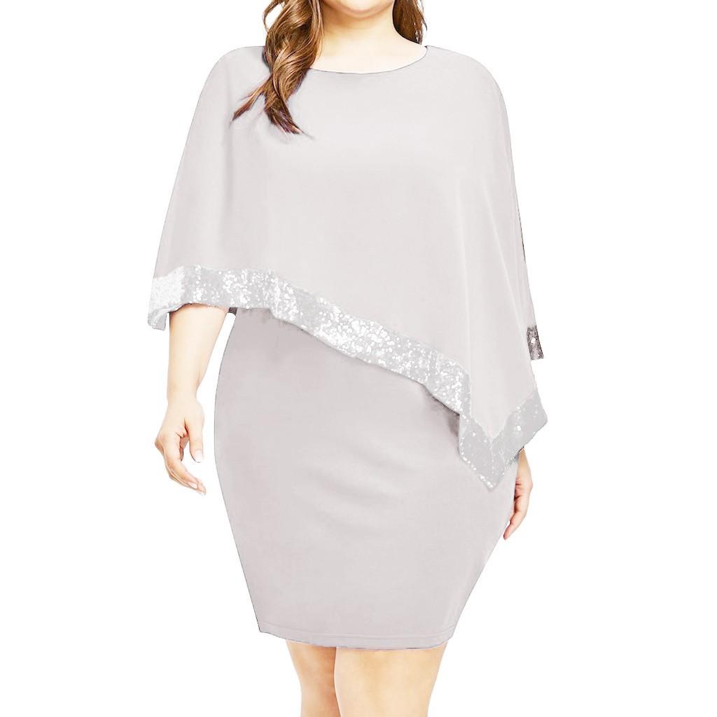 Plus Size Dress for Women/Ladies,Women Plus Size Cold Shoulder Overlay Asymmetric Chiffon Strapless Sequins Dress