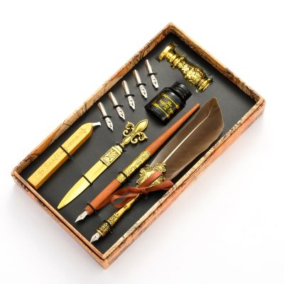 Vintage Quill Feather Dip Pen Fountain Writing Ink 5 Nibs Seal Wax Gift Box Calligraphy Stationery School Supplies