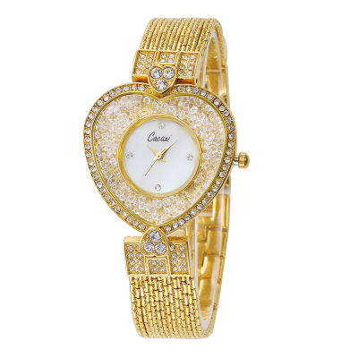 นาฬิกาแฟชั่นผู้หญิง2023ใหม่สายโซ่นาฬิกาผู้หญิงหน้าปัดรูปหัวใจทรายดูดแฟชั่นนาฬิกาควอตซ์ขนาดเล็กสีทอง