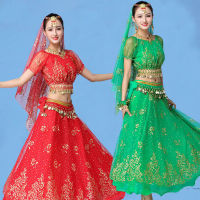 Oriental Indian Dance Wear Short Sleeves Belly Dance Costume Set For Women Green Bollywood Dancing Clothes