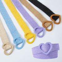 New Women Straw Braided Belts Heart Buckle PP Grass Woven Waist Belt Bohemian Style elastic Wide Waistabnd Dress Decorative Belt