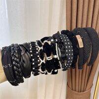 【YF】 Winter Solid Velvet Bezel Women Girl Broadside Hair Bands  Pearl Cross Headband Hoop Fashion Black Leather Braided Hairband