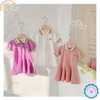 Little Piglet ? พร้อมส่ง Dress ชุดกระโปรง ชุดเดรส น่ารัก เด็กผู้หญิงโปโล แขนสั้น กระโปรงจีบรอบ ปักเป็ดน้อย สายรุ้ง