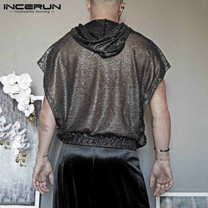 incerun-เสื้อผู้ชายแบบมีฮู้ดแขนสั้นทรงหลวมเสื้อเสื้อปาร์ตี้เสื้อ-ลดล้างสต๊อก