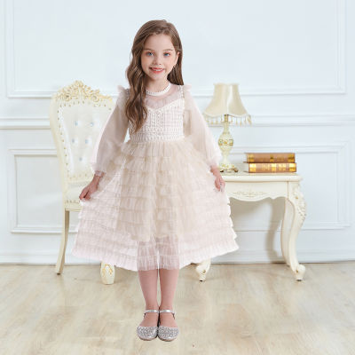 Nileafes 3-8 Years Autumn Princess Dress Long-sleeved Lace Princess Dress Embroidered Flowers Baby Girl Dress