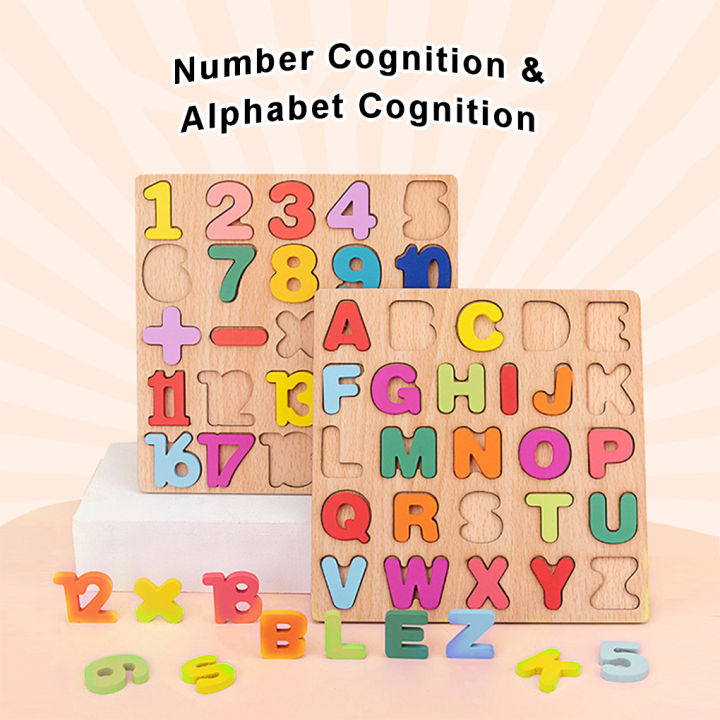 ของเล่นไม้ตัวอักษรปริศนาการเรียนตัวเลขสำหรับเด็กวัยหัดเดินอุปกรณ์จับคู่สีสันทางการศึกษาผักตลก