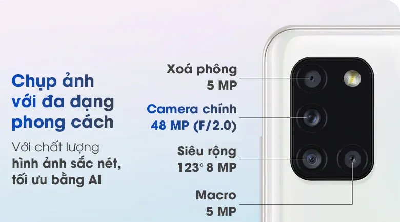 Điện thoại Samsung Galaxy A31 2 sim với thiết kế tuyệt đẹp và tính năng vượt trội sẽ đem lại cho bạn trải nghiệm tuyệt vời. Với khả năng sử dụng 2 sim, Samsung Galaxy A31 sẽ giúp bạn tiết kiệm hơn cho các cuộc gọi và tin nhắn khi bạn đi du lịch hoặc công tác. Điện thoại đầy đủ tính năng và tiện ích này đang chờ đợi bạn!