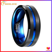 BONLAVIE 8MM Authentic Tungsten Carbide Ring Balck and Blue Domed Brushed
